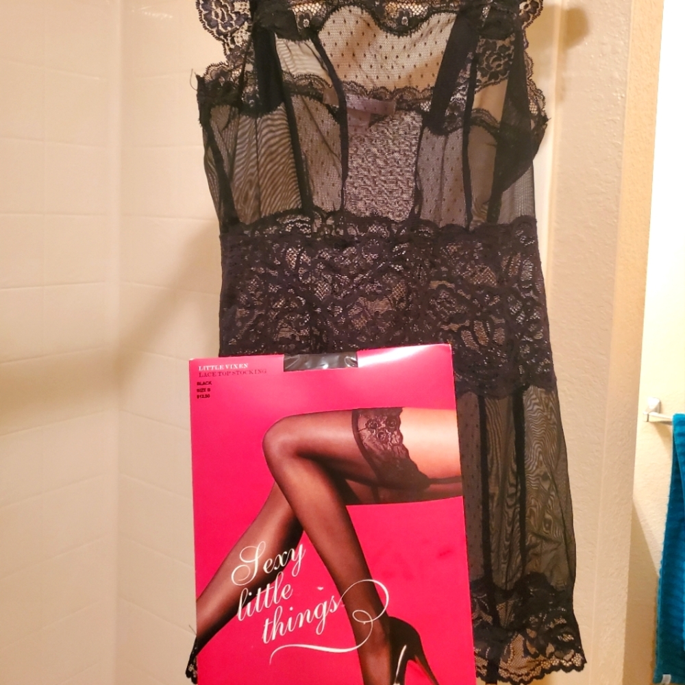 Victoria's Secret Sexy Lingerie Teddy with Garters and Fishnet Stockings